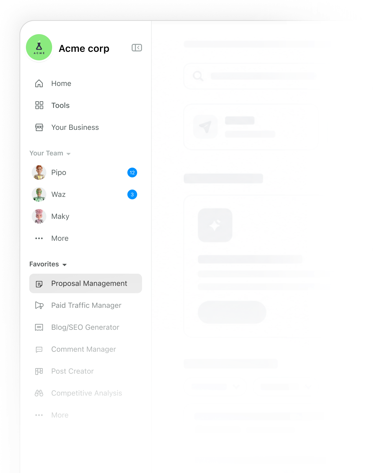 Interface do app Squad com a barra lateral de agentes e ferramentas