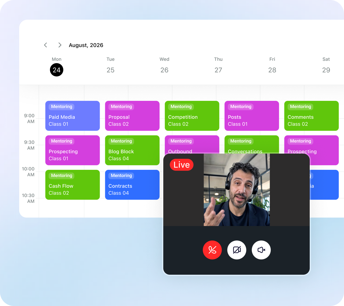 Calendário do Squad.com com mentorias agendadas e uma mentoria ao vivo em andamento
