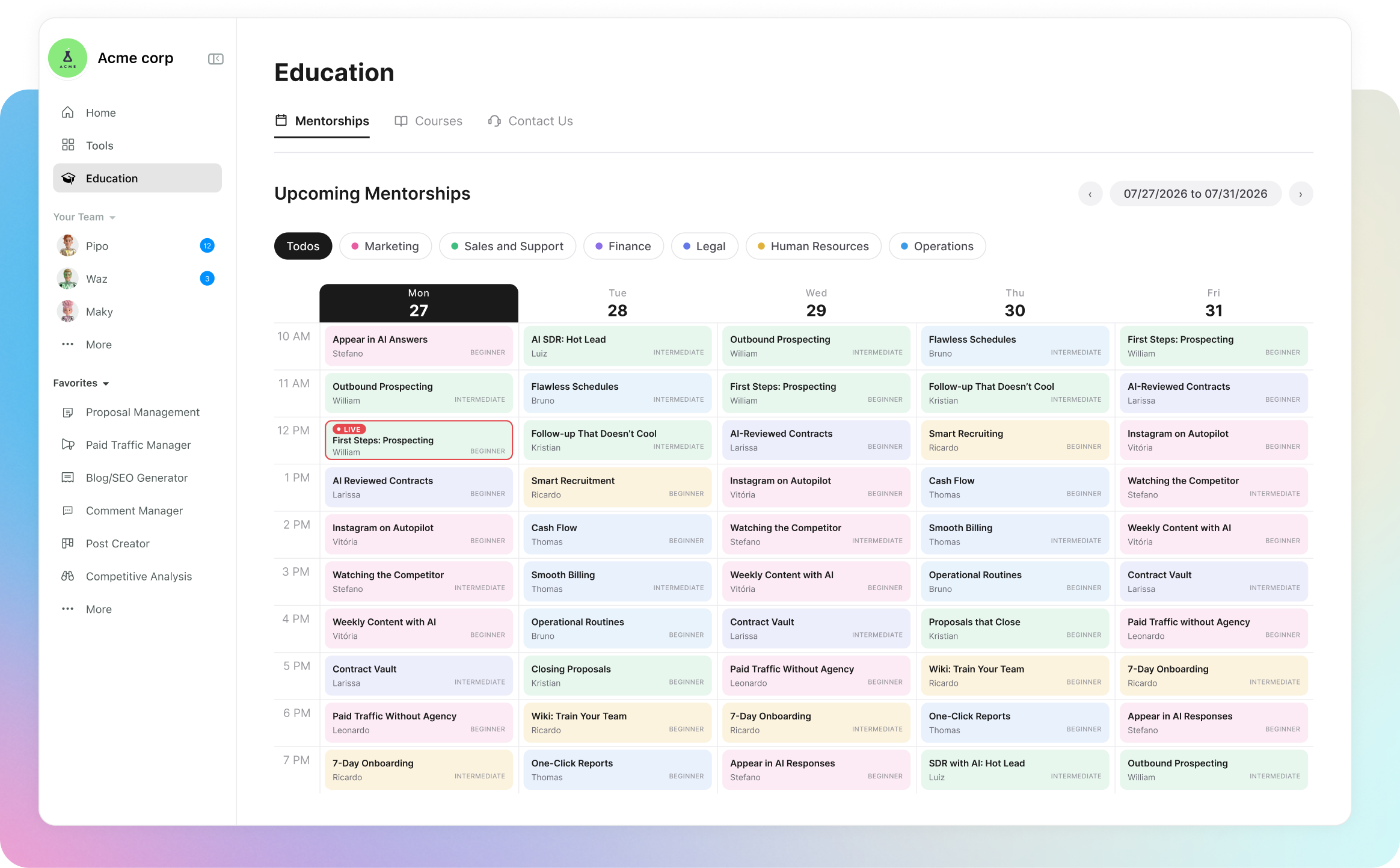 Squad's Education panel showing the week's mentoring schedule